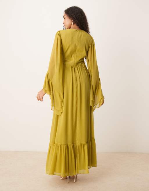 ASOS DESIGN long sleeve chiffon maxi dress with cross stitch waist detail in soft olive green 