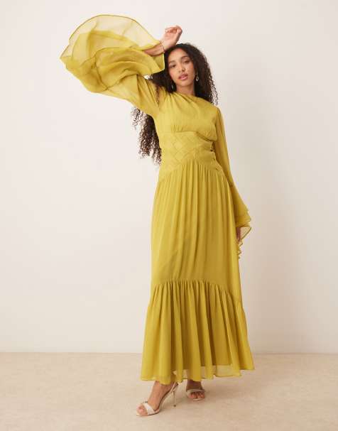 ASOS DESIGN long sleeved chiffon maxi with cross stitch waist detail in soft olive green  - view 1