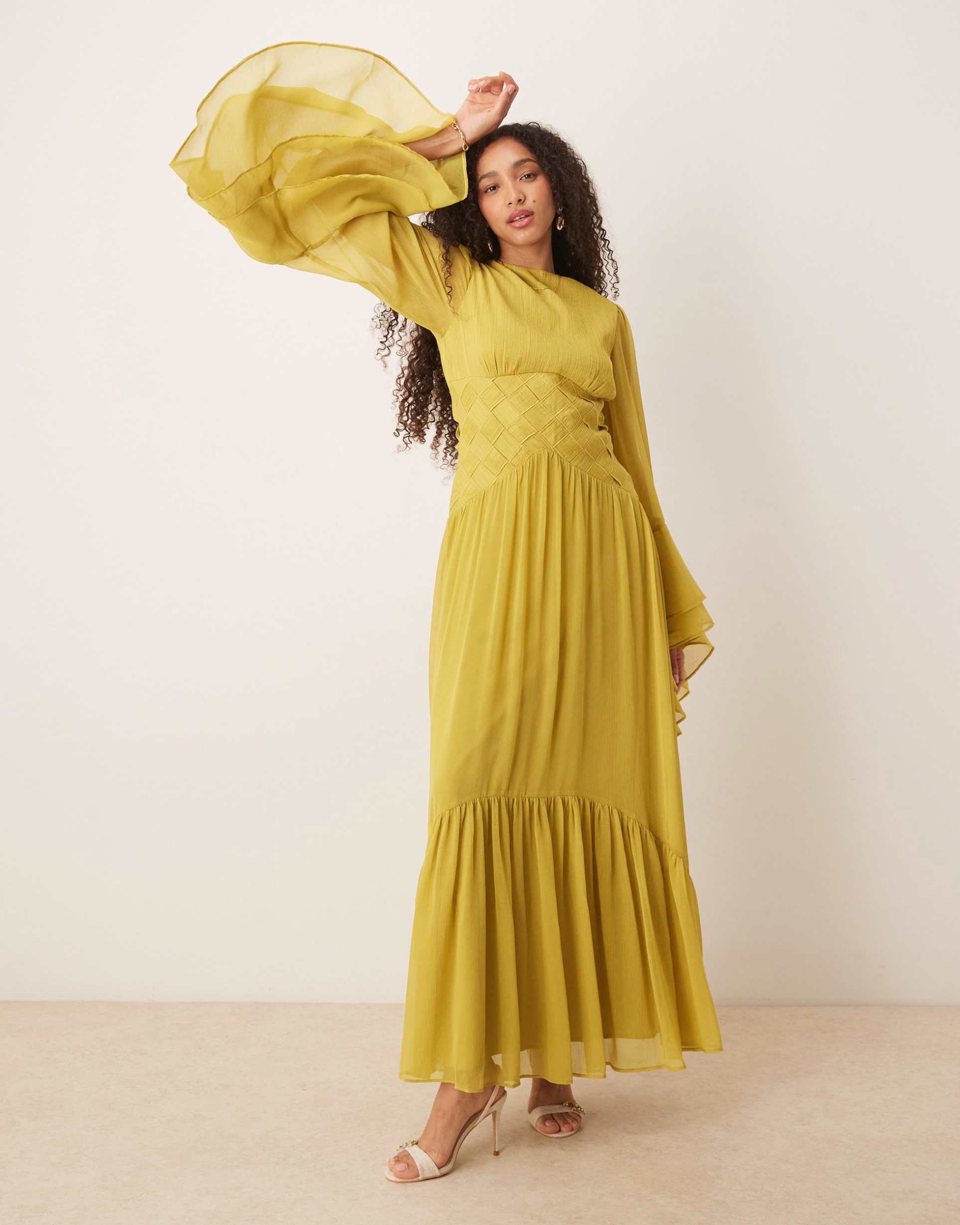 asos design long sleeved chiffon maxi with cross stitch waist detail in soft olive green