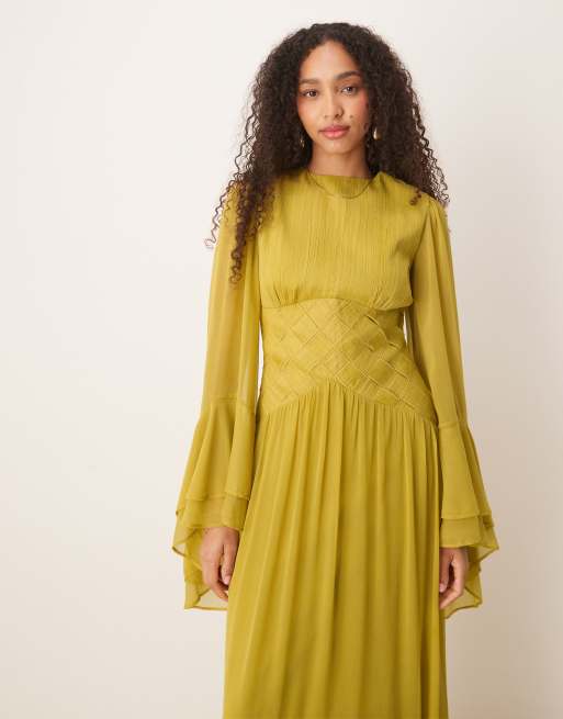 ASOS DESIGN long sleeve chiffon maxi dress with cross stitch waist detail in soft olive green 