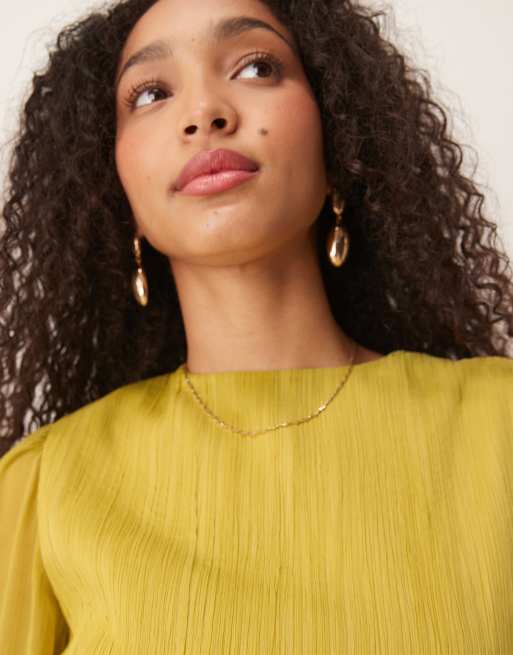 ASOS DESIGN long sleeve chiffon maxi dress with cross stitch waist detail in soft olive green 