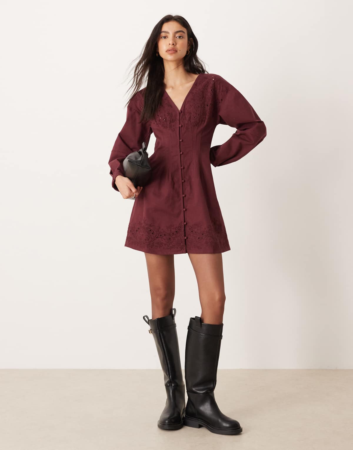 ASOS DESIGN long sleeved cutwork button down mini dress in Burgundy