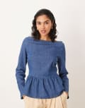 [ASOS DESIGN] ASOS DESIGN long sleeved denim top with peplum in indigo wash-Blue 14 Mid blue