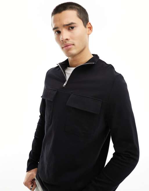 ASOS DESIGN long sleeved half zip funnel neck top with pocket detail in black