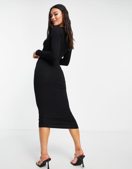ASOS DESIGN long sleeved halter ruched midi dress in black, 3 of 4