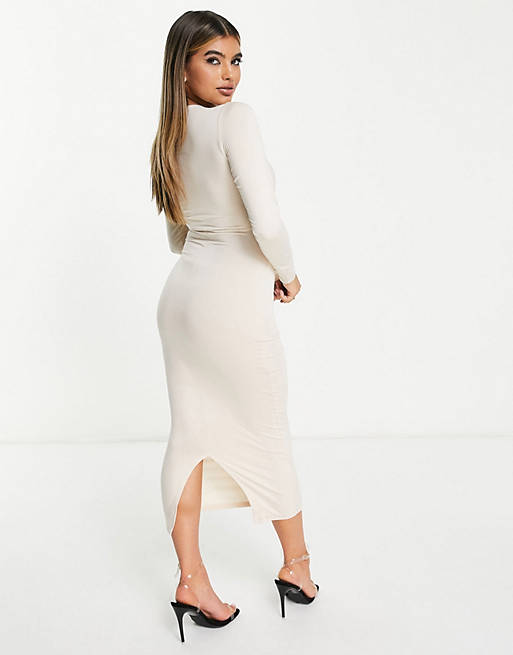  long sleeved halter ruched midi dress in stone 