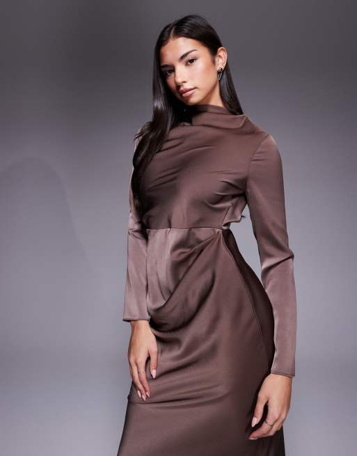 ASOS DESIGN long sleeved high neck pleated bodice midi dress in chocolate, 3 of 4