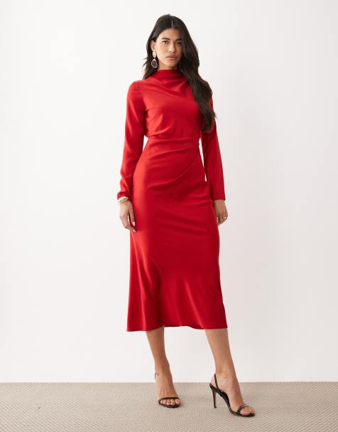 ASOS DESIGN long sleeved high neck pleated bodice midi dress in red