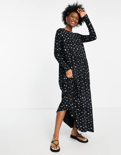 Asos Design Long Sleeved Maxi Smock Dress In Black And Blue Ditsy