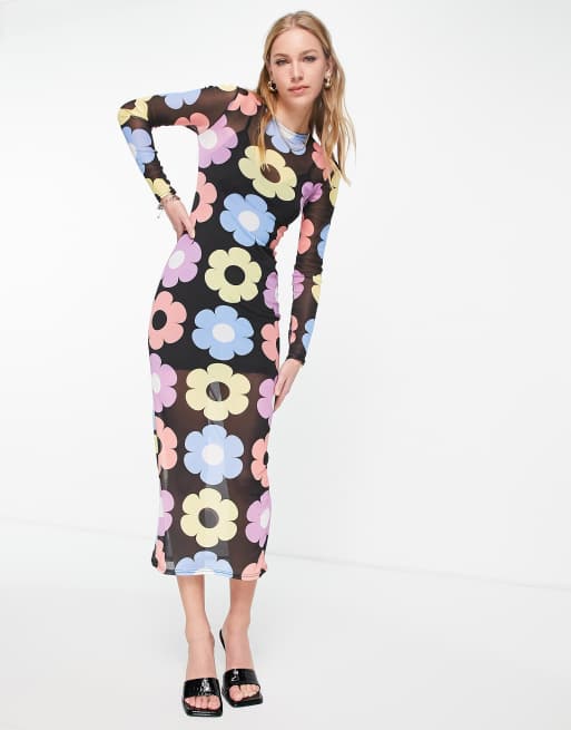 ASOS DESIGN long sleeved mesh midi dress in large retro floral print