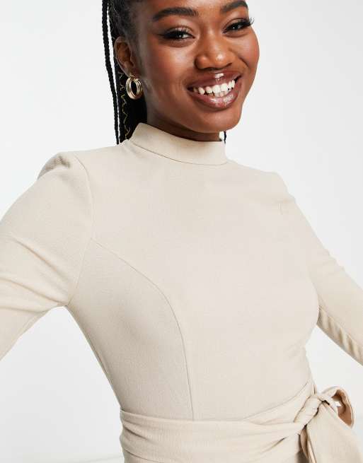 ASOS DESIGN long-sleeved midi dress with obi belt in stone, 3 of 4
