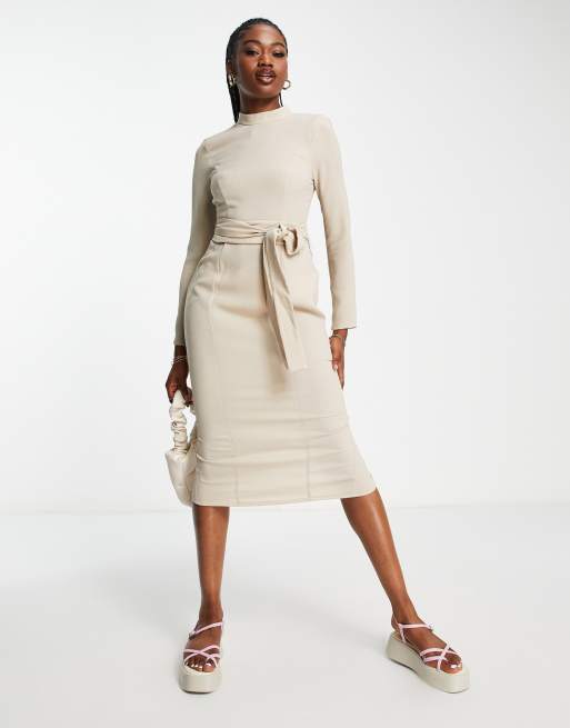 ASOS DESIGN long-sleeved midi dress with obi belt in stone, 4 of 4