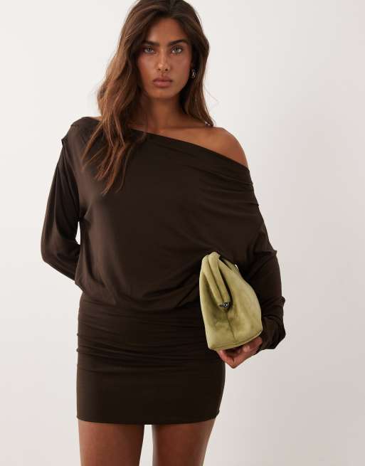 ASOS DESIGN long sleeved mini dress in chocolate, 2 of 4