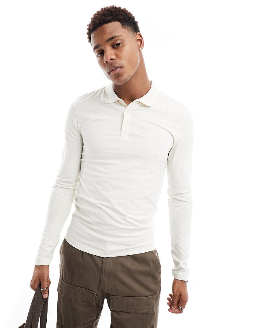 ASOS DESIGN long sleeved muscle fit polo shirt in beige-Neutral
