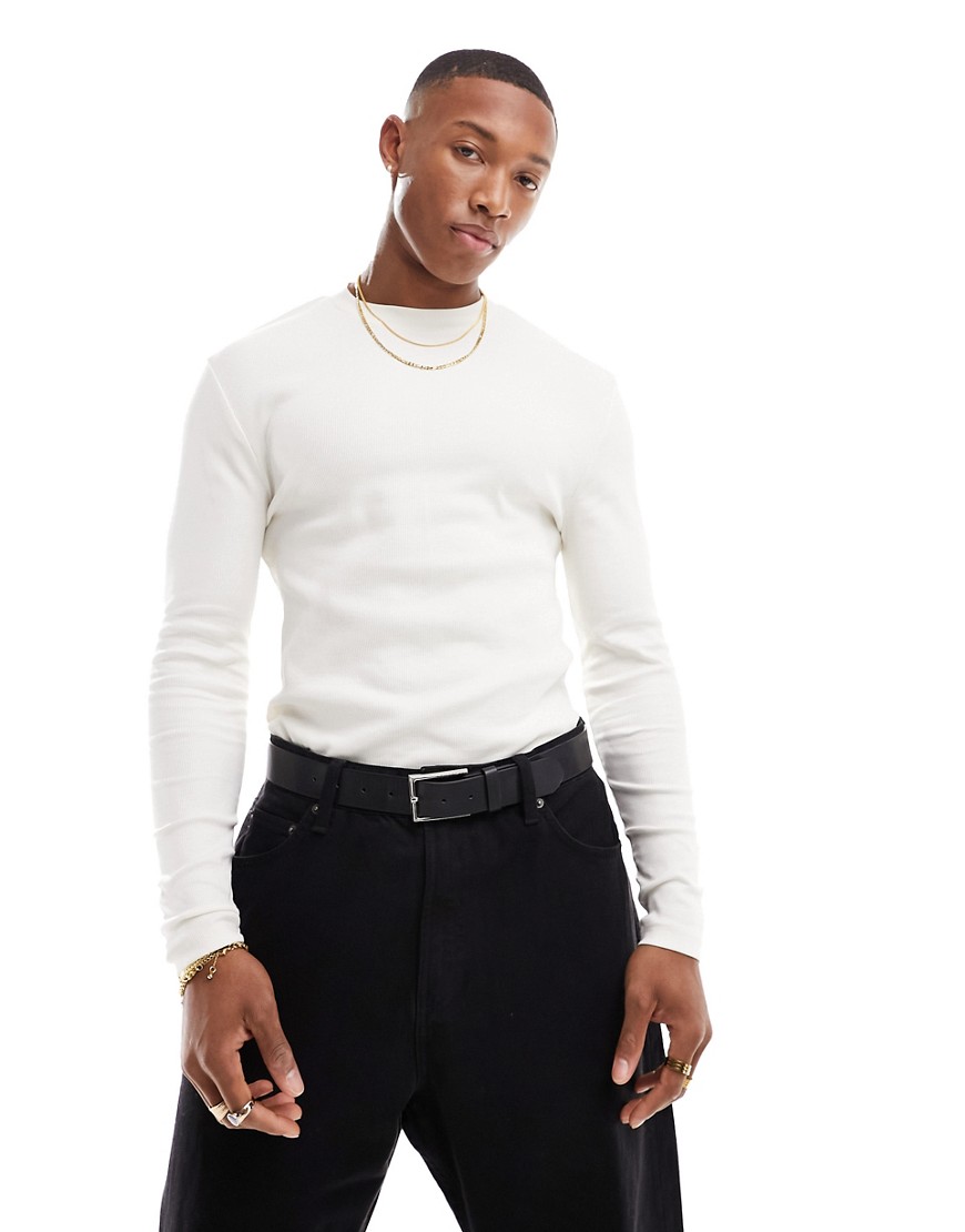 ASOS DESIGN long sleeved muscle fit rib t-shirt in off white-Neutral