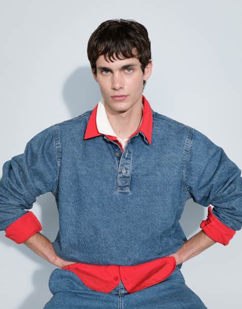 ASOS DESIGN long sleeved oversized denim shirt in mid wash blue - view 1