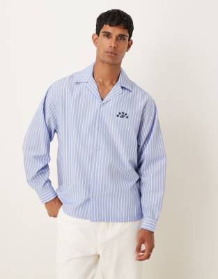 Asos Design Long Sleeved Oversized Fit Shirt With Embroidery Detail In Blue