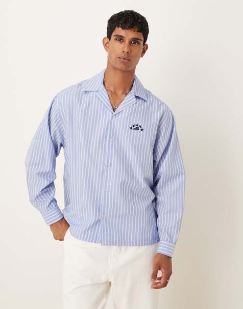 ASOS DESIGN long sleeved oversized fit shirt with embroidery detail in blue and white stripe cotton - view 1