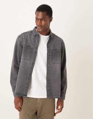 Asos Design Long Sleeved Pocket Detail Shirt In Gray