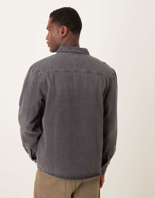 ASOS DESIGN long sleeved pocket detail shirt in gray wash denim, 3 of 5