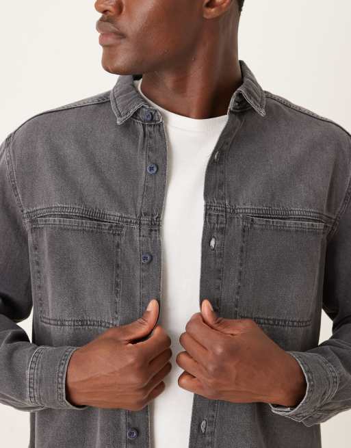 ASOS DESIGN long sleeved pocket detail shirt in grey wash denim, 5 of 5