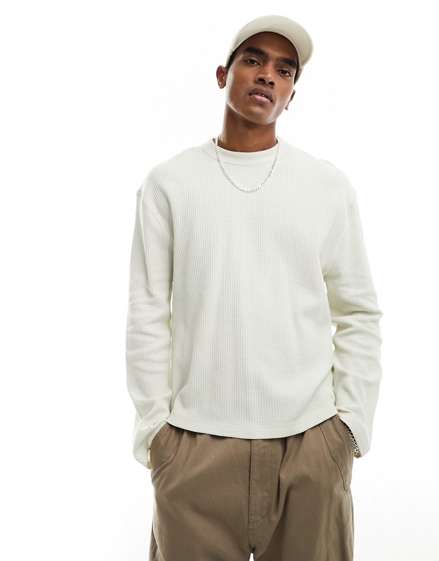 ASOS DESIGN long sleeved relaxed fit t-shirt in stone waffle-Neutral