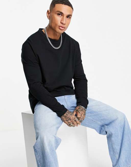 ASOS DESIGN long sleeved relaxed heavyweight t-shirt in black