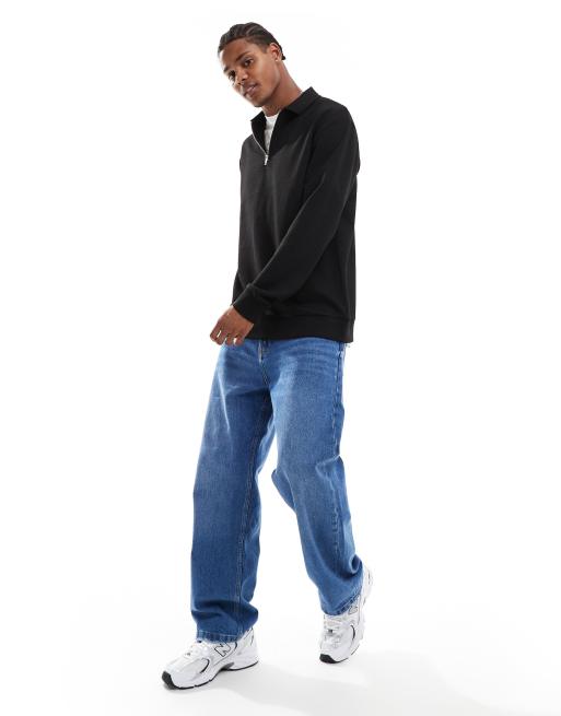 ASOS DESIGN long sleeved relaxed polo shirt with quarter zip in black, 3 of 4