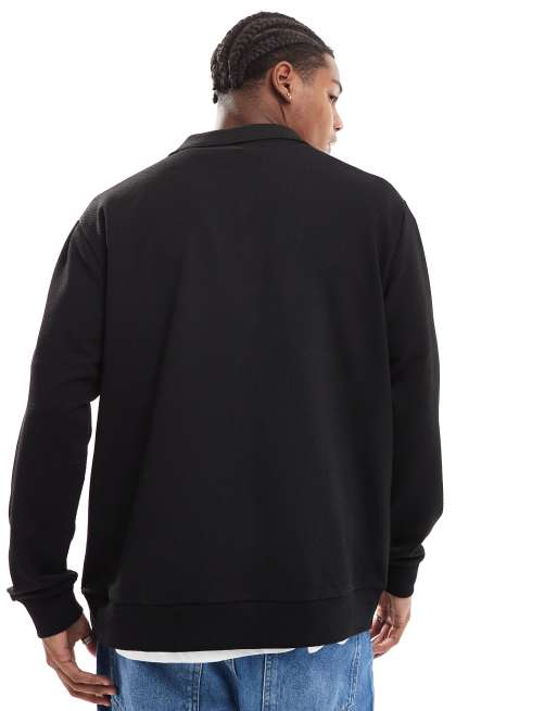 ASOS DESIGN long sleeved relaxed polo shirt with quarter zip in black, 4 of 4