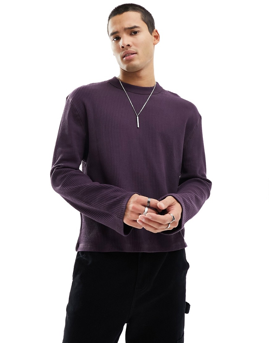 ASOS DESIGN long sleeved relaxed t-shirt with waffle detail in purple