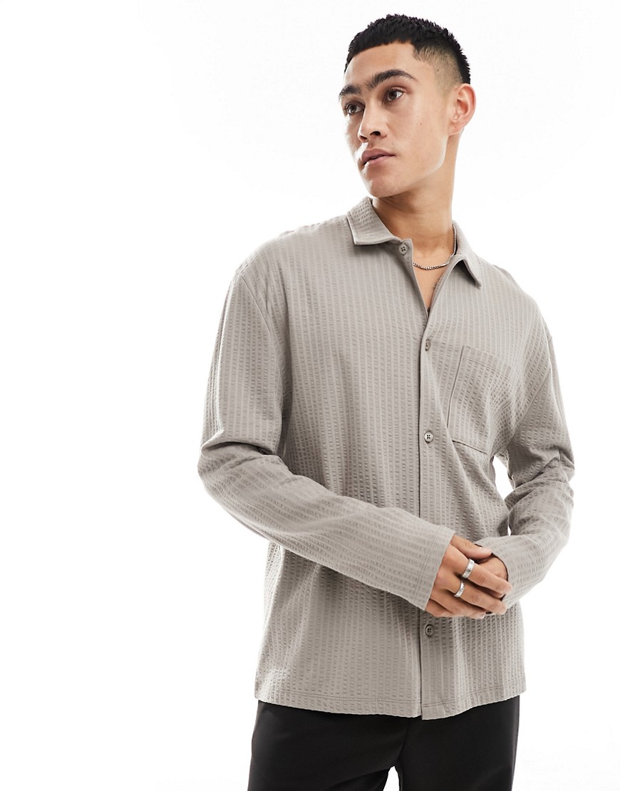 Asos Design Long Sleeved Ribbed Jersey Shirt In Brown