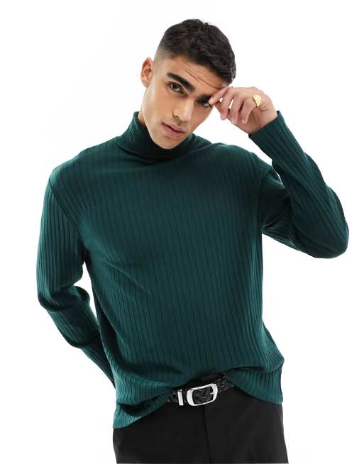 ASOS DESIGN long sleeved ribbed T-shirt with turtle neck in dark green ...