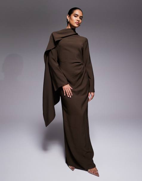 ASOS DESIGN long sleeved scarf detail maxi dress in chocolate - view 1