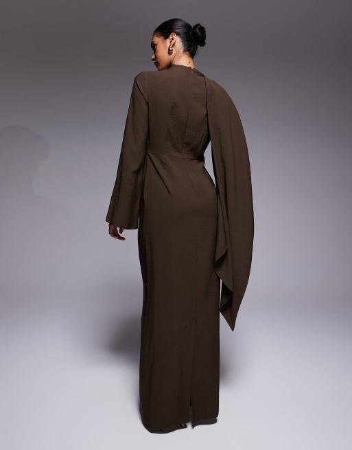 ASOS DESIGN long sleeve scarf detail maxi dress in chocolate
