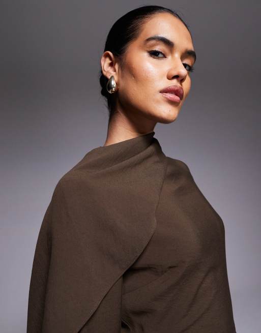 ASOS DESIGN long sleeve scarf detail maxi dress in chocolate