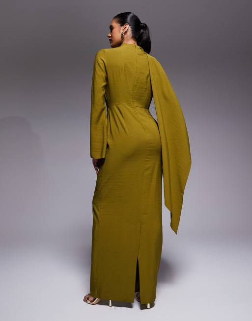 ASOS DESIGN long sleeved scarf detail maxi dress in olive, 3 of 4