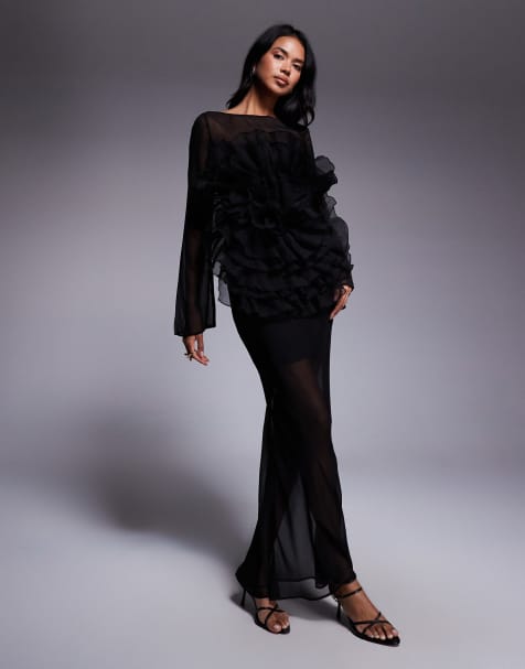 ASOS DESIGN long sleeved sheer maxi dress with oversized floral ruffle bodice in black