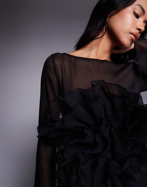 ASOS DESIGN long sleeved sheer maxi dress with oversized floral ruffle bodice in black, 2 of 4