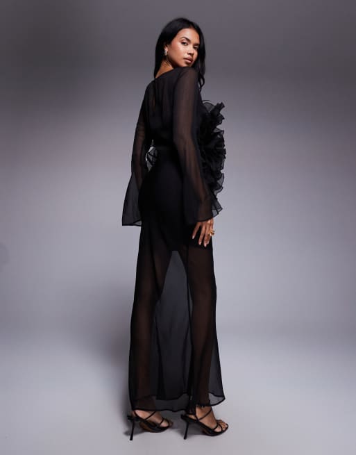 ASOS DESIGN long sleeved sheer maxi dress with oversized floral ruffle bodice in black, 3 of 4
