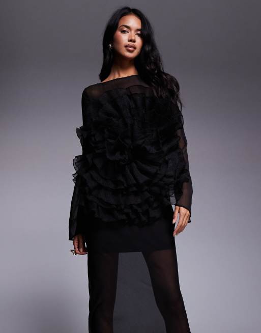 ASOS DESIGN long sleeved sheer maxi dress with oversized floral ruffle bodice in black, 4 of 4