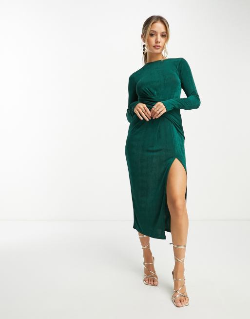 ASOS DESIGN long sleeved slinky drape front midi dress in khaki | ASOS