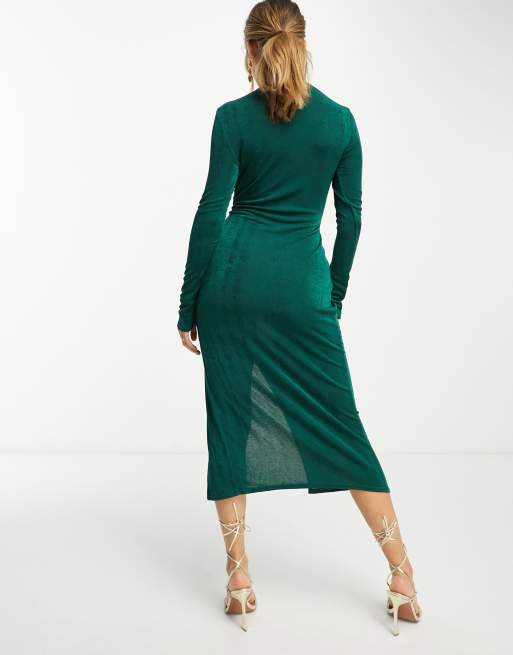 ASOS DESIGN long sleeved slinky drape front midi dress in khaki | ASOS