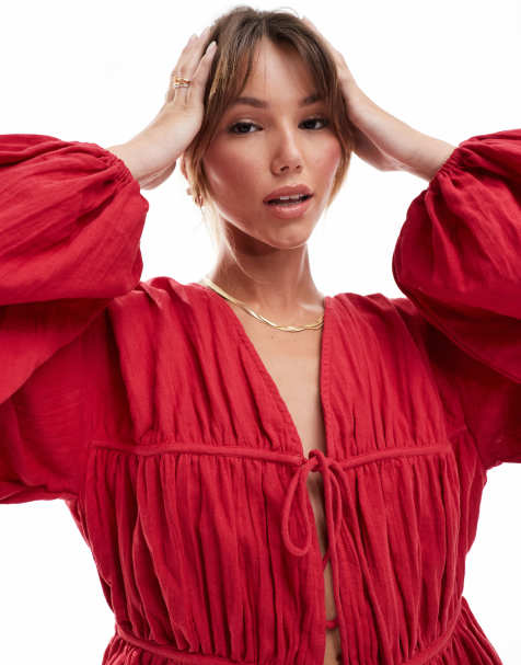 ASOS DESIGN long sleeved smock top with ties in dark red - view 1