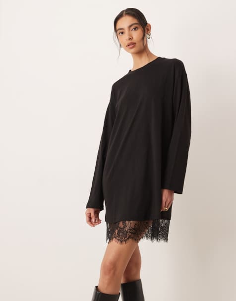 ASOS DESIGN long sleeved t-shirt dress with lace trim in black - view 1