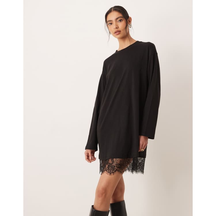 ASOS DESIGN long sleeved t-shirt dress with lace trim in black | ASOS