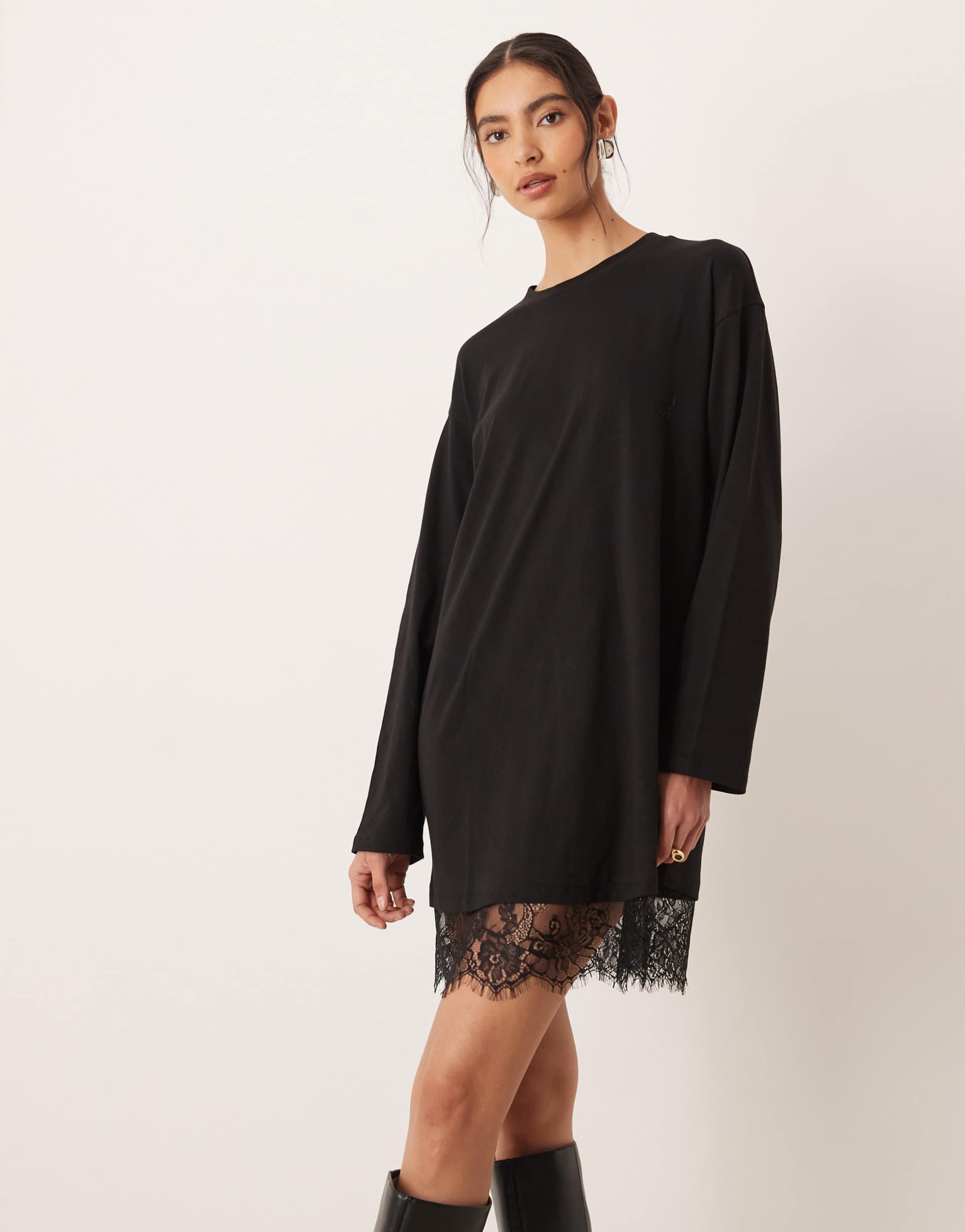 asos design long sleeved t-shirt dress with lace trim in black