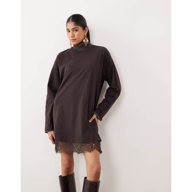 ASOS DESIGN long sleeved T-shirt dress with lace trim in brown | ASOS