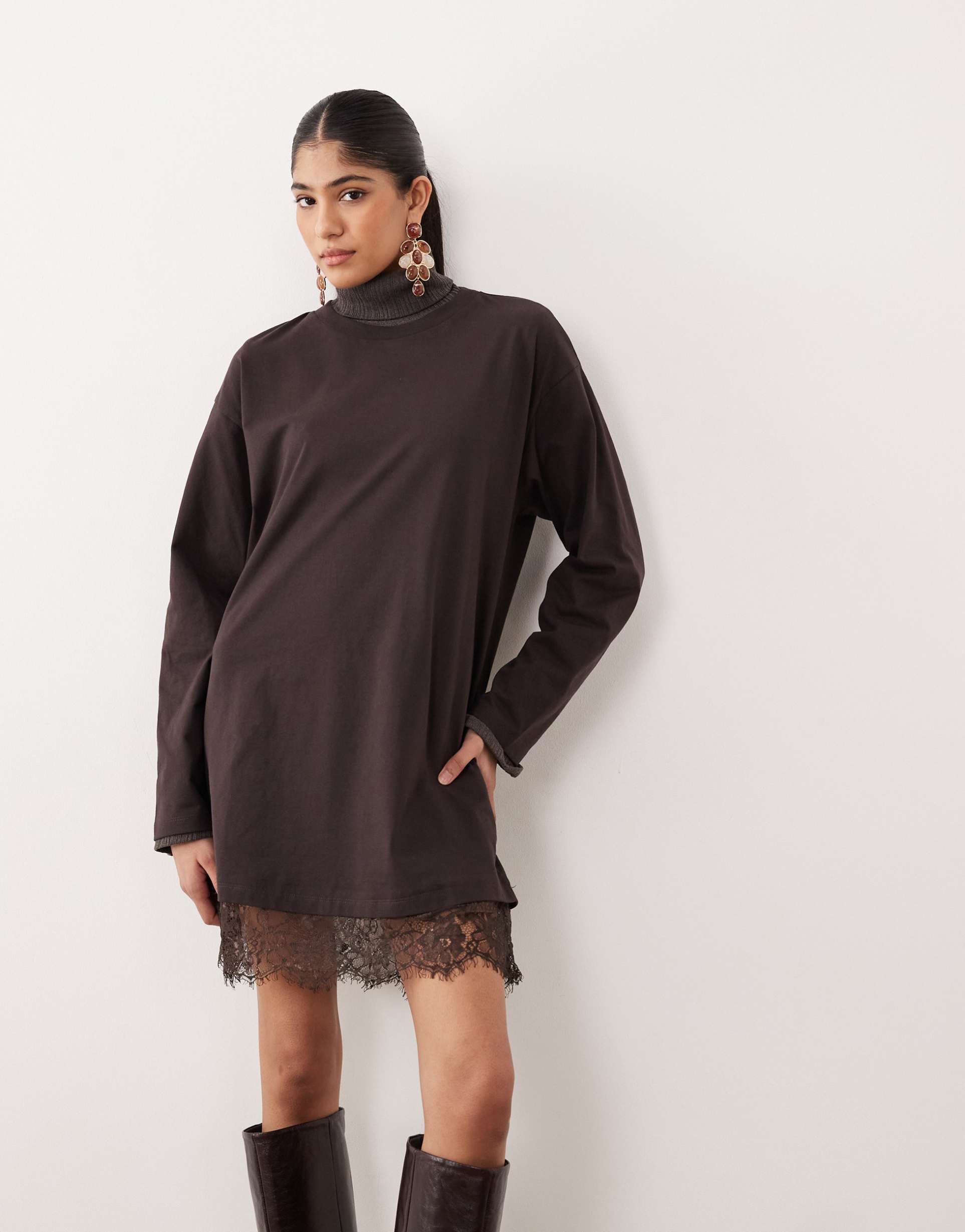 asos design long sleeved t-shirt dress with lace trim in brown