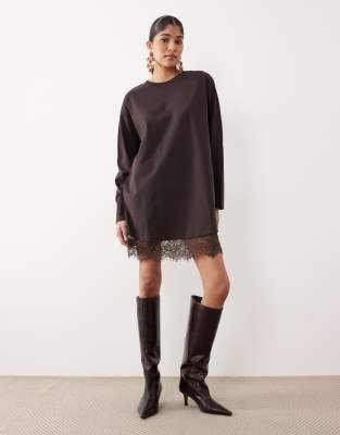 ASOS DESIGN long sleeved t-shirt dress with lace trim in brown | ASOS