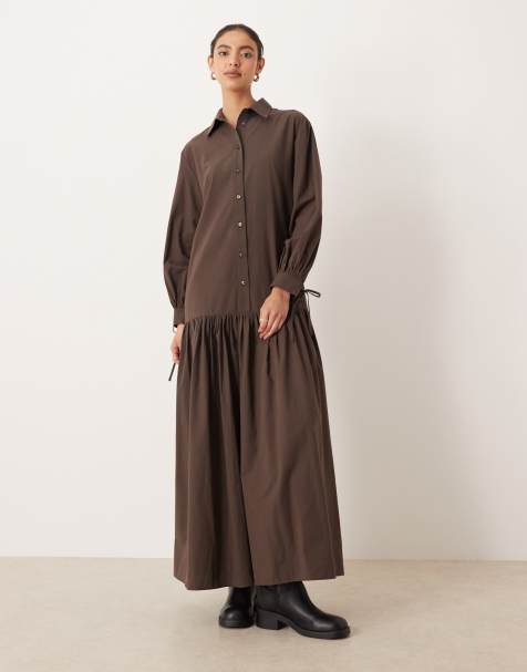 ASOS DESIGN long sleeved tie detail maxi shirt dress in chocolate - view 1